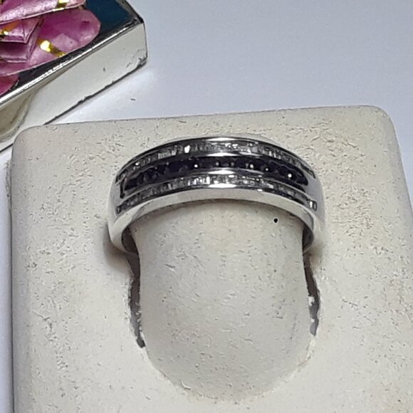 .42ctw Black &White Diamond Gents 3Row Channel Sterling Silver S-10.5 Band#19947 - Picture 2 of 5